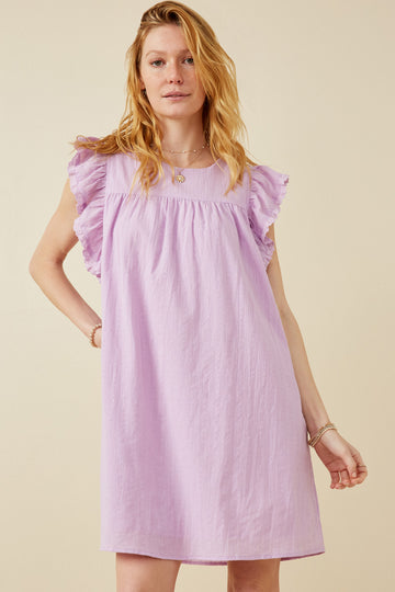 HK1375 LAVENDER Womens Textured Lace Trim Ruffle Sleeve Top Front